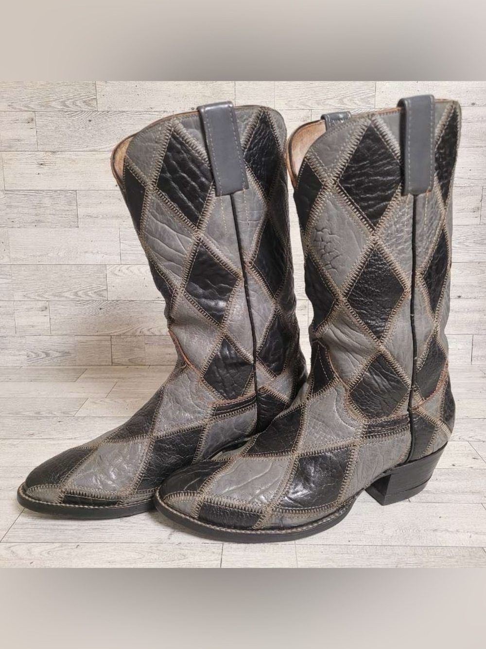 Men's Cowtown Patchwork Black Grey Bullhide Leather Rodeo Cowboy Boots Size 7.5